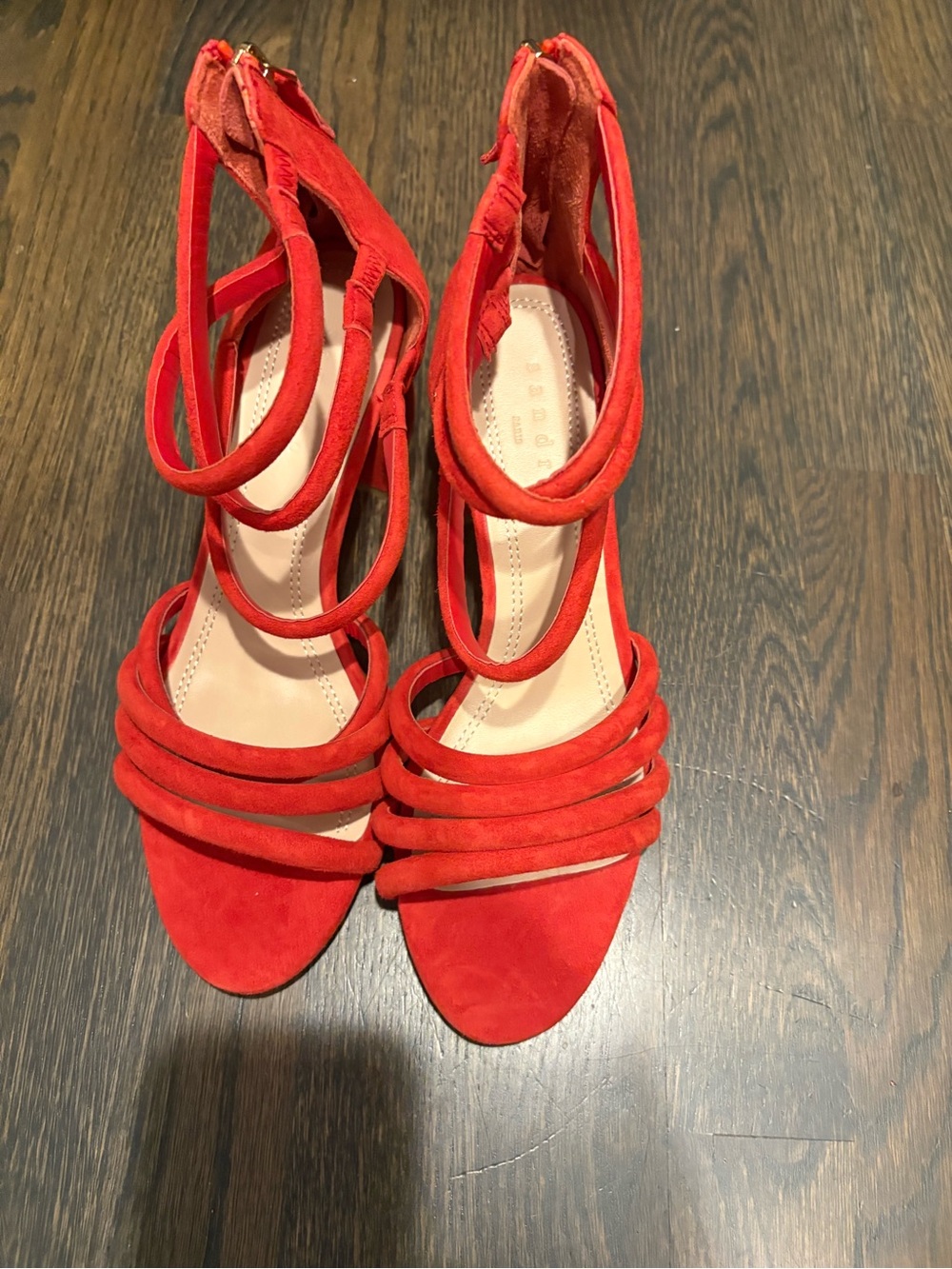 Sandro Red Strappy Suede-short thick  Heeled Sandals as is size 39 retail 470.00